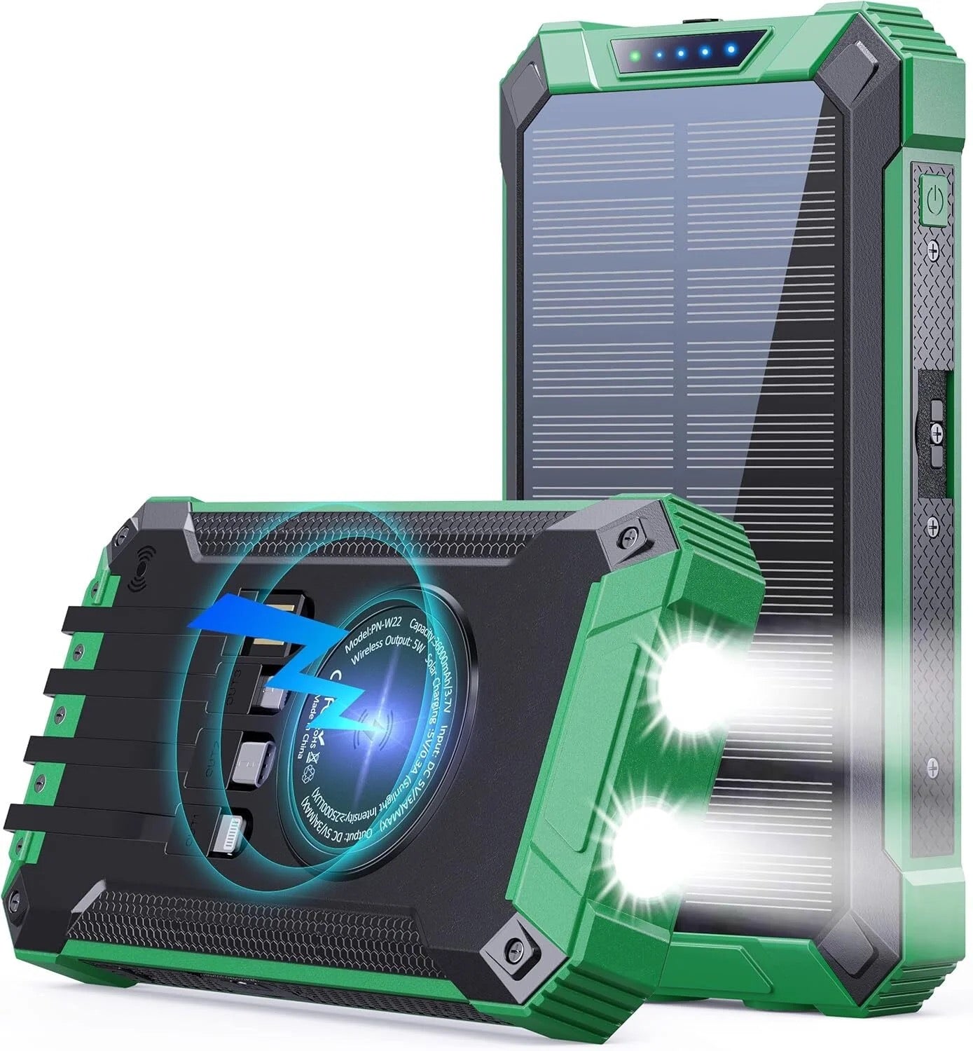 Solar Power Bank Pro 20,000mAh with 4 Built in Cables Qi Wireless Charger